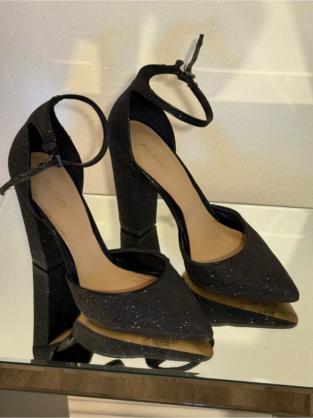 Aldo Black Glitter Ankle-Strap Block Heels
